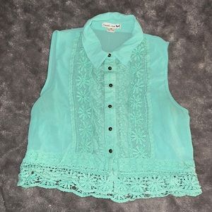 M Double Zero Teal Crop Top with Floral Lace Accents